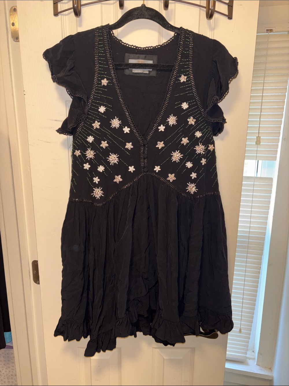 Anthropologie Black Embroidered Floral Babydoll Dress